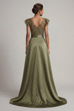 Olive appliqued V-hals Mother of the Bride jumpsuit met fladderende mouwen