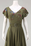 Olive appliqued V-hals Mother of the Bride jumpsuit met fladderende mouwen