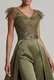 Olive appliqued V-hals Mother of the Bride jumpsuit met fladderende mouwen