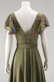 Olive appliqued V-hals Mother of the Bride jumpsuit met fladderende mouwen