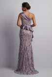 Glitterende vintage Mauve Lange kralen Meermin Moeder van de Bruid Jurk met ruches