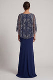 Glitterende marineblauwe pailletten V-hals zeemeermin Moeder van de Bruid jurk met cape