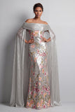 Glinsterende zilveren pailletten bloemenzeemeermin lange mothe of the bride jurk met cape