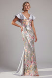 Glinsterende zilveren bloemenpailletten zeemeermin Long Mother Of the Bride jurk met cape