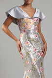 Glinsterende zilveren bloemenpailletten zeemeermin Long Mother Of the Bride jurk met cape
