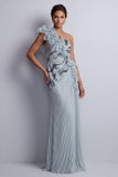Glitterende, stoffige blauwe chiffon met ruches op één schouder lange moeder van de bruid jurk