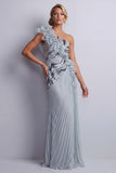 Glitterende, stoffige blauwe chiffon met ruches op één schouder lange moeder van de bruid jurk