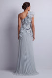 Glitterende, stoffige blauwe chiffon met ruches op één schouder lange moeder van de bruid jurk