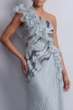 Glitterende, stoffige blauwe chiffon met ruches op één schouder lange moeder van de bruid jurk