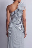Glitterende, stoffige blauwe chiffon met ruches op één schouder lange moeder van de bruid jurk