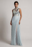 Stoffige blauwe chiffon geplooide hoge hals lange moeder van de bruid jurk