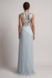 Stoffige blauwe chiffon geplooide hoge hals lange moeder van de bruid jurk