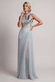 Stoffige blauwe chiffon geplooide hoge hals lange moeder van de bruid jurk