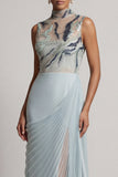 Stoffige blauwe chiffon geplooide hoge hals lange moeder van de bruid jurk