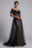 Zwarte geruite zeemeermin Long Mother of the Bride jurk met cape