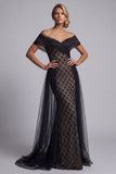Zwarte geruite zeemeermin Long Mother of the Bride jurk met cape