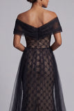 Zwarte geruite zeemeermin Long Mother of the Bride jurk met cape