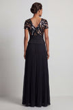 Glinsterende zwarte chiffon met een lijn lange moeder van de bruid jurk met mouwen
