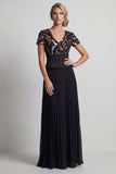 Glinsterende zwarte chiffon met een lijn lange moeder van de bruid jurk met mouwen