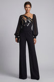 Glinsterende zwarte gerimpelde pailletten lange mouwen Mother of the Bride jumpsuits