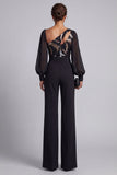 Glinsterende zwarte gerimpelde pailletten lange mouwen Mother of the Bride jumpsuits