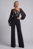 Glinsterende zwarte gerimpelde pailletten lange mouwen Mother of the Bride jumpsuits