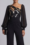 Glinsterende zwarte gerimpelde pailletten lange mouwen Mother of the Bride jumpsuits