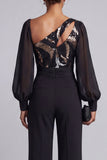 Glinsterende zwarte gerimpelde pailletten lange mouwen Mother of the Bride jumpsuits