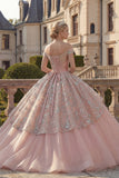 Off-the-shoulder baljurk met blush gerimpelde prinses quinceañera jurk