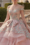 Off-the-shoulder baljurk met blush gerimpelde prinses quinceañera jurk