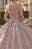 Off-the-shoulder baljurk met blush gerimpelde prinses quinceañera jurk