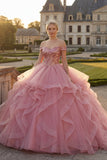 Roze off-the-shoulder baljurk gerimpelde pailletten quinceañera jurk