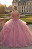 Roze off-the-shoulder baljurk gerimpelde pailletten quinceañera jurk