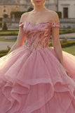 Roze off-the-shoulder baljurk gerimpelde pailletten quinceañera jurk