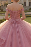 Roze off-the-shoulder baljurk gerimpelde pailletten quinceañera jurk