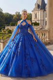 Koninklijk blauwe halter hals baljurk met appliquatie quinceañera jurk en cape mouwen