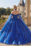 Koninklijk blauwe halter hals baljurk met appliquatie quinceañera jurk en cape mouwen