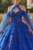 Koninklijk blauwe halter hals baljurk met appliquatie quinceañera jurk en cape mouwen