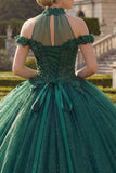 Donkergroene halter hals baljurk met appliquatie Glitter Quinceaera jurk