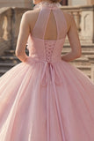 Baljurk met blush halterhals en appliqueerde quinceañera-jurk
