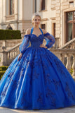 Baljurk Halter Halshals Koninklijk Blauw Geappliqueerd Glitter Quinceañera Jurk