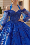 Baljurk Halter Halshals Koninklijk Blauw Geappliqueerd Glitter Quinceañera Jurk