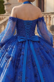 Baljurk Halter Halshals Koninklijk Blauw Geappliqueerd Glitter Quinceañera Jurk