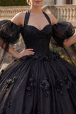 Baljurk met halterhals en appliqueerde zwarte kralenbezette quinceañerajurk met puffmouwen