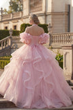 Baljurk Halter Neck Blush Quinceañera jurk met ruches en puffmouwen