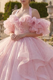Baljurk Halter Neck Blush Quinceañera jurk met ruches en puffmouwen