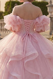 Baljurk Halter Neck Blush Quinceañera jurk met ruches en puffmouwen