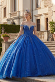 Off-the-shoulder koningsblauwe baljurk met kralen versierde glitter quinceañera jurk