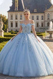 Lichtblauwe off-the-shoulder baljurk met appliquatie korset, quinceañera-jurk