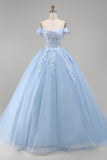 Lichtblauwe off-the-shoulder baljurk met appliquatie korset, quinceañera-jurk